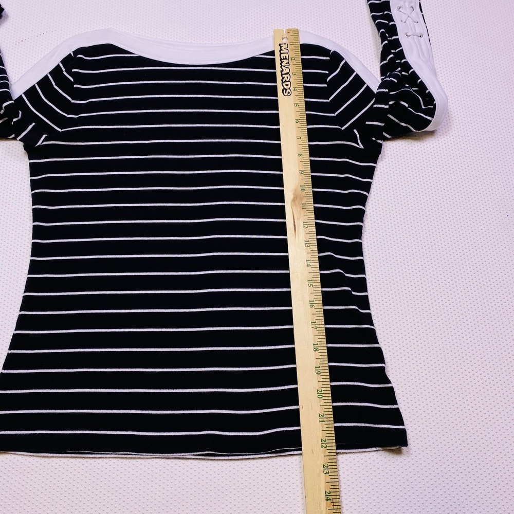 Chaps Boat Neck M Black White Stripe Lace Up 3/4 Sleeve Nautical Coastal Preppy - Picture 5 of 13